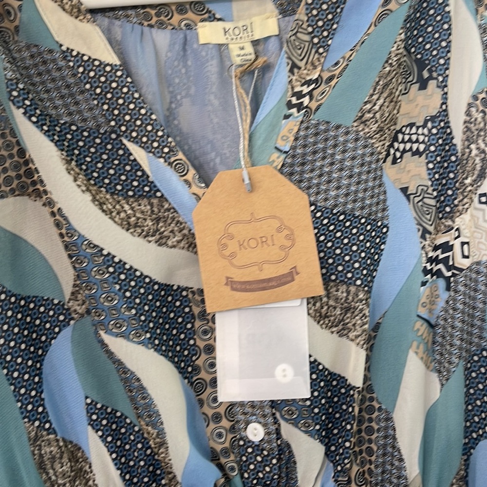 Blue Multi-color quilt like pattern asymmetrical dress.
